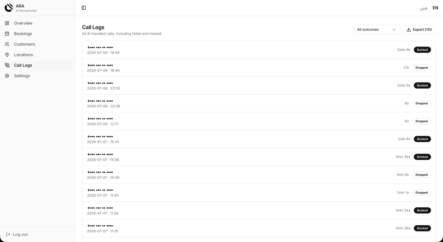ARA AI call log screen listing AI-handled calls with duration and outcome, each marked Booked or Dropped, alongside the Arabic and English language switch.