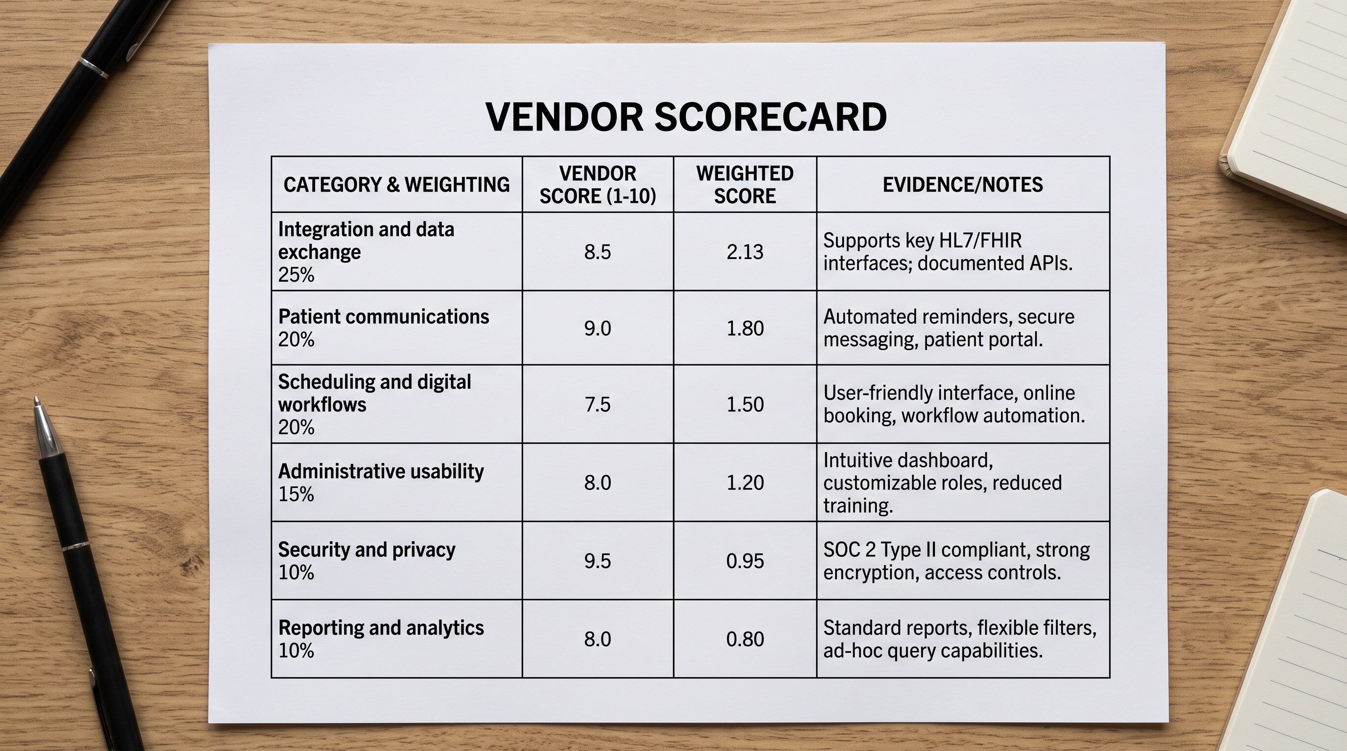 Photorealistic overhead photograph in natural light of a printed vendor scorecard showing “Integration and data exchange 25%,” “Patient communications 20%,” “Scheduling and digital workflows 20%,” “Administrative usability 15%,” “Security and privacy 10%,” and “Reporting and analytics 10%.” Include simple columns for vendor scores and evidence, with no logos, watermarks, or extra captions.