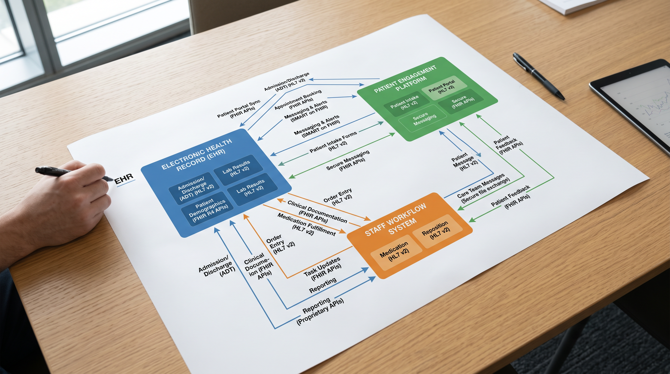 Photorealistic overhead photograph in natural light of a printed healthcare integration map connecting an EHR, patient engagement platform, and staff workflow, with short method labels “HL7 v2,” “FHIR APIs,” “SMART on FHIR,” “Secure file exchange,” and “Proprietary APIs.” Clean professional layout, no logos, watermarks, or extra captions.