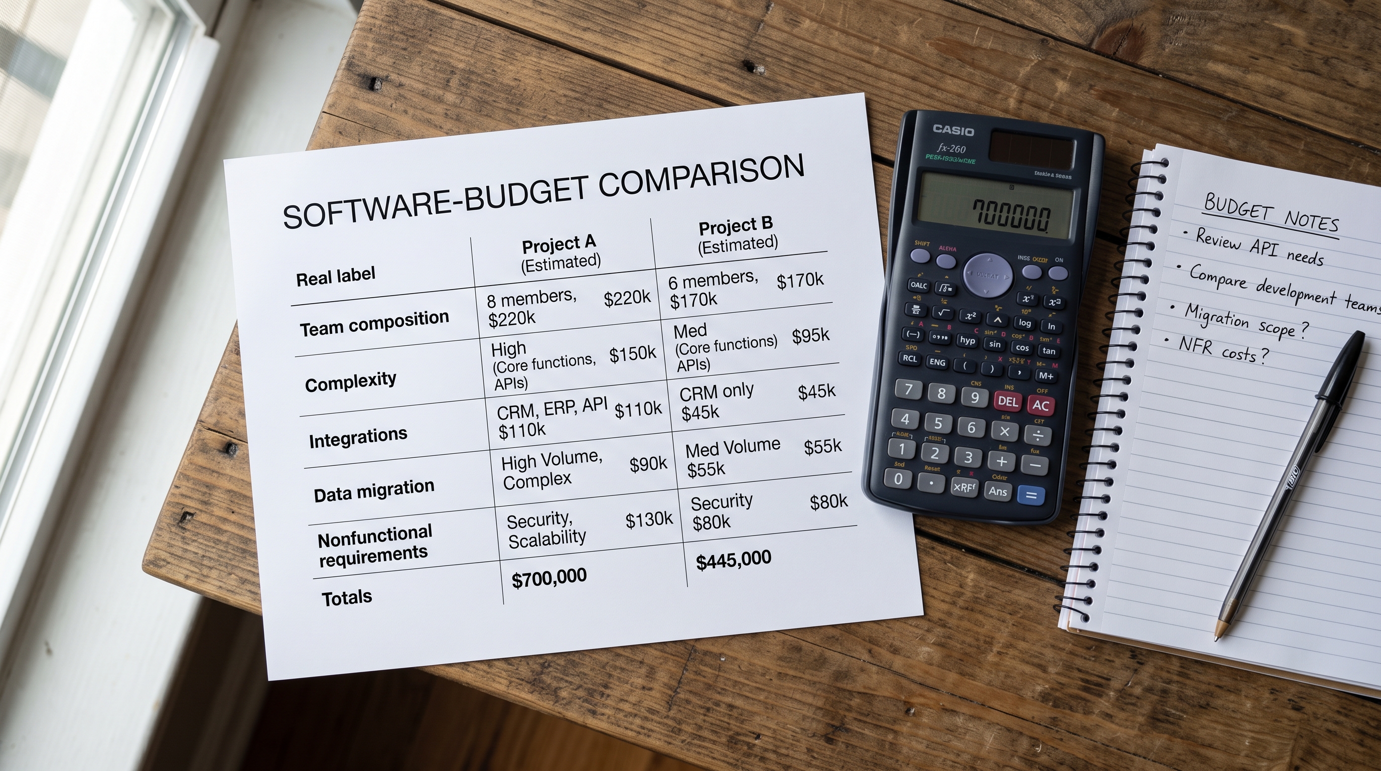 Photorealistic overhead photograph in natural light of a printed software-budget comparison card with the real labels “Team composition,” “Complexity,” “Integrations,” “Data migration,” and “Nonfunctional requirements,” alongside a calculator and project notes. Clear professional layout with no logos, watermarks, or additional captions baked in.