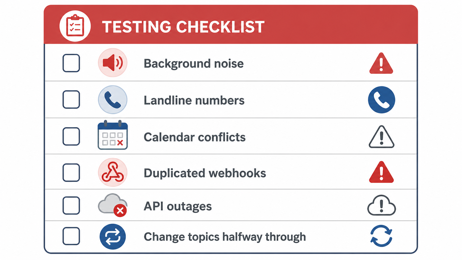 Flat vector testing checklist with the real labels “Background noise,” “Landline numbers,” “Calendar conflicts,” “Duplicated webhooks,” “API outages,” and “Change topics halfway through.” Use a muted red, blue, and gray palette on white with simple warning, phone, calendar, and retry icons, no photorealistic textures, stock-photo people, logos, or watermarks.