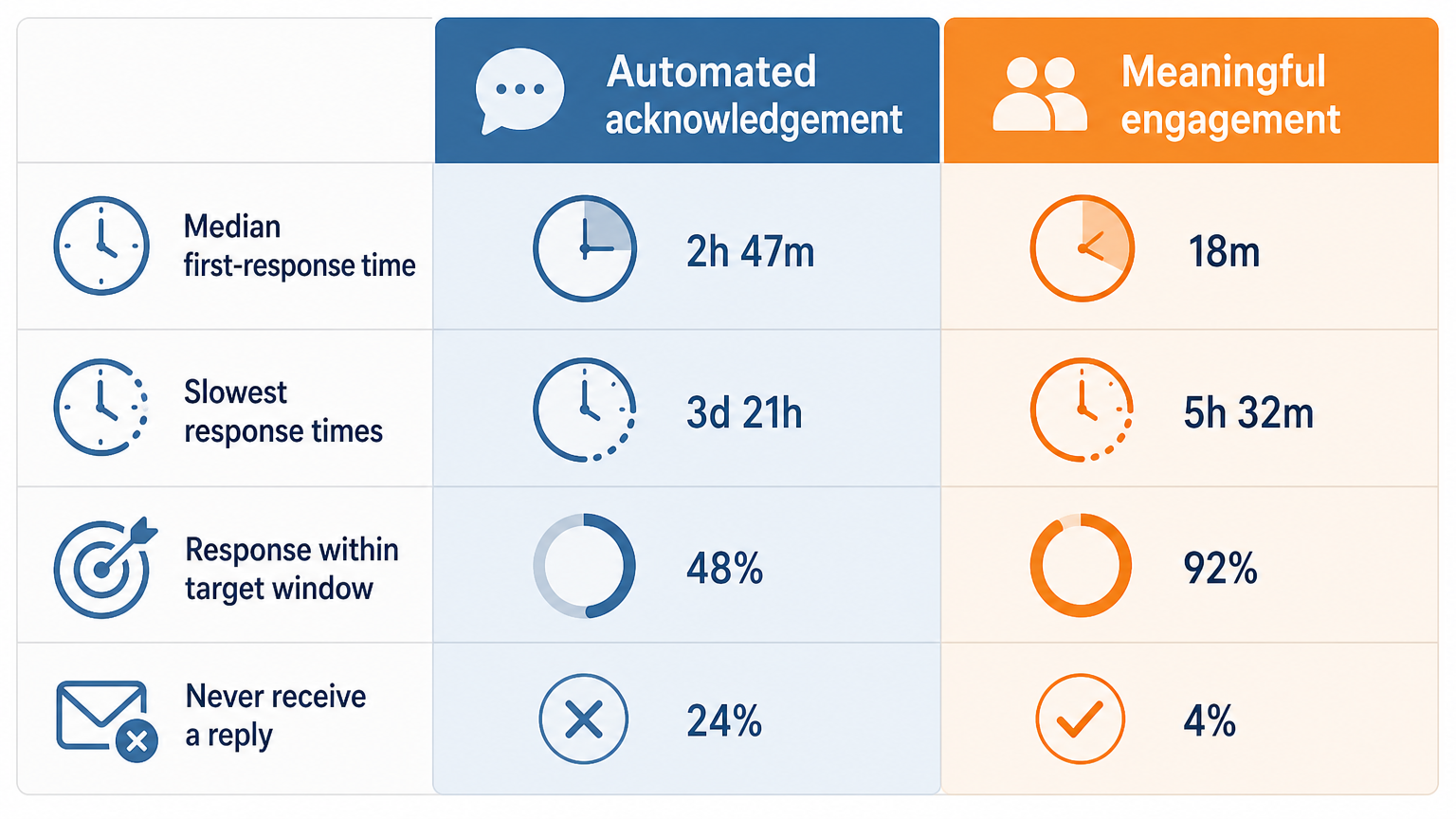 Flat vector scorecard contrasting “Automated acknowledgement” with “Meaningful engagement,” alongside four metric labels: “Median first-response time,” “Slowest response times,” “Response within target window,” and “Never receive a reply.” Use a muted blue and orange palette on a light background with simple clocks and check icons, no photorealistic textures, stock-photo people, logos, or watermarks.