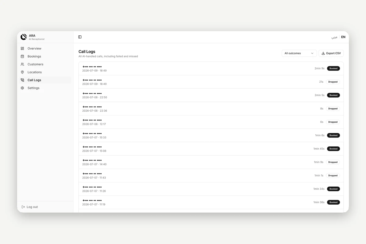 Call log screen listing AI handled calls with duration and outcome, each marked Booked or Dropped.